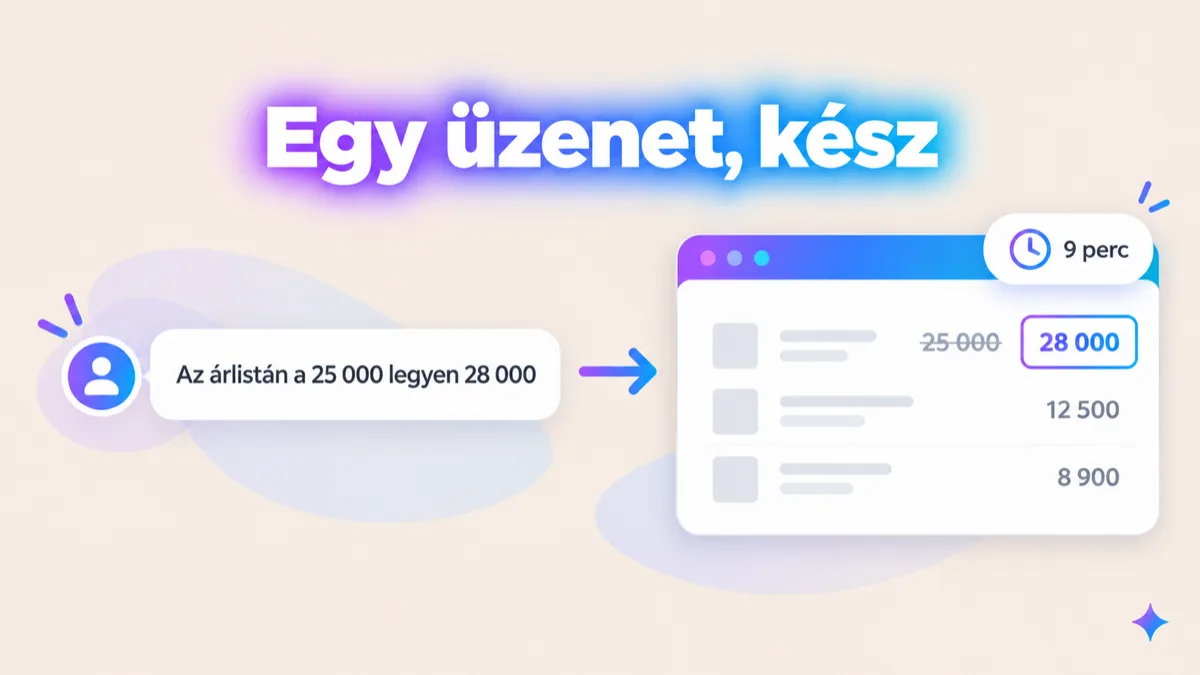 Chat-üzenet egy árváltoztatásról, mellette a weboldal, ahol a régi ár áthúzva, az új kiemelve. Kilencperces jelvény.